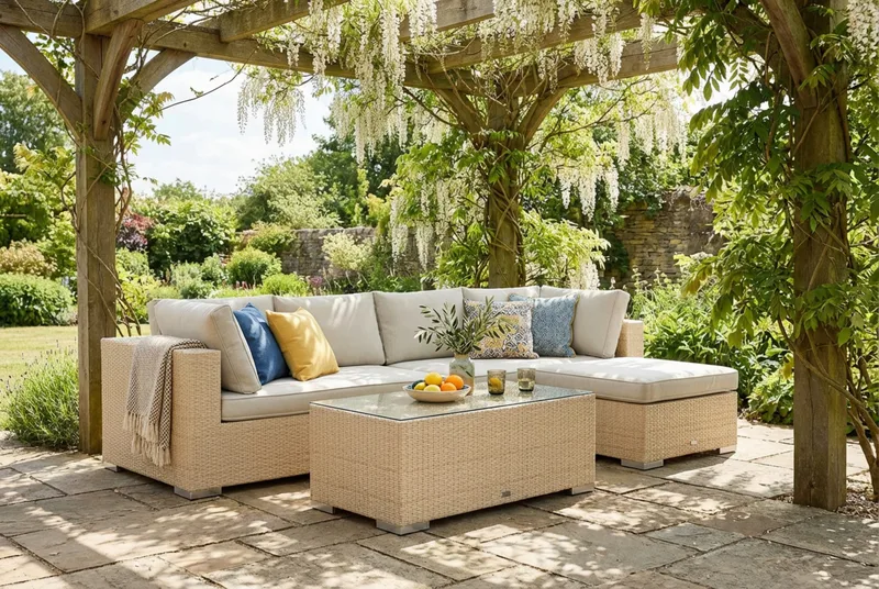 Bahamas utomhus divansoffa 5-sits med vändbar divan och bord - Beige - Utemöbler - Utegrupp - Loungegrupp