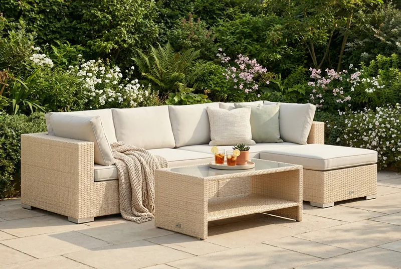 Bahamas utomhus divansoffa 5-sits med vändbar divan och bord med hylla - Beige - Utemöbler - Utegrupp - Loungegrupp