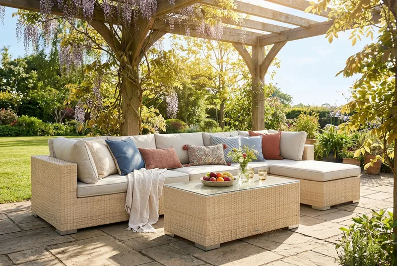 Bahamas utomhus divansoffa 6-sits med vändbar divan och bord - Beige - Utemöbler - Utegrupp - Loungegrupp