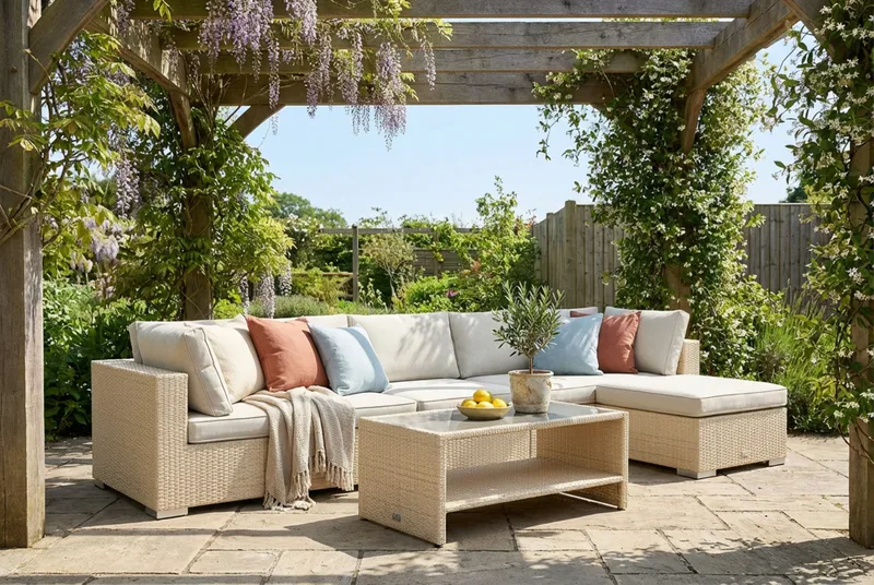 Bahamas utomhus divansoffa 6-sits med vändbar divan och bord med hylla - Beige - Utemöbler - Utegrupp - Loungegrupp
