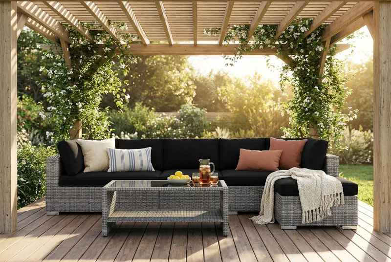 Bahamas utomhus divansoffa 6-sits med vändbar divan och bord med hylla - Grå - Utemöbler - Utegrupp - Loungegrupp