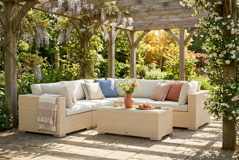 Bahamas utomhus hörnsoffa 5-sits vändbar med bord - Beige - Utemöbler - Utegrupp - Loungegrupp