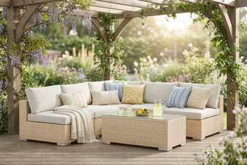 Bahamas utomhus hörnsoffa 5-sits vändbar med öppet avslut och bord - Beige - Utemöbler - Utegrupp - Loungegrupp