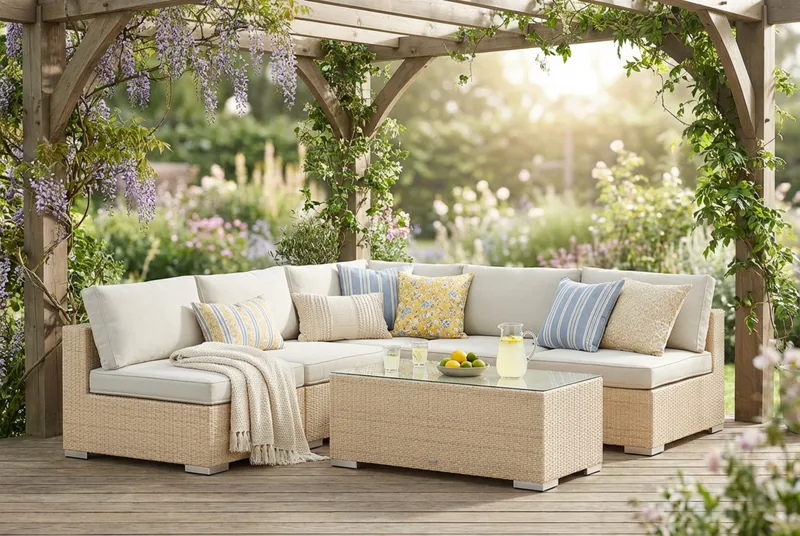 Bahamas utomhus hörnsoffa 5-sits vändbar med öppet avslut och bord - Beige - Utemöbler - Utegrupp - Loungegrupp