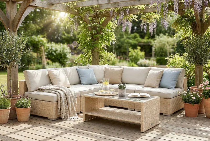 Bahamas utomhus hörnsoffa 5-sits vändbar med öppet avslut och bord med hylla - Beige - Utemöbler - Utegrupp - Loungegrupp