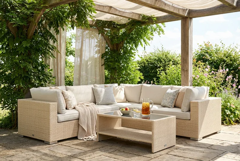 Bahamas utomhus hörnsoffa 5-sits vändbar och bord med hylla - Beige - Utemöbler - Utegrupp - Loungegrupp