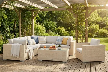 Bahamas utomhus hörnsoffa 6-sits vändbar med fåtölj och bord - Beige - Utemöbler - Utegrupp - Loungegrupp