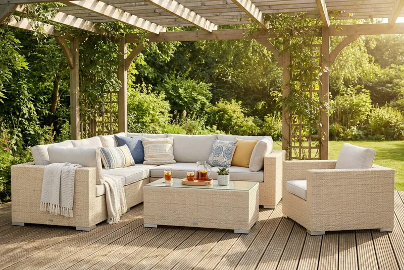 Bahamas utomhus hörnsoffa 6-sits vändbar med fåtölj och bord - Beige - Utemöbler - Utegrupp - Loungegrupp