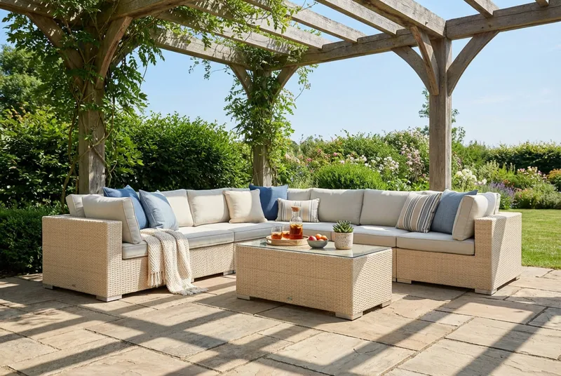 Bahamas utomhus hörnsoffa 7-sits vändbar med bord - Beige - Utemöbler - Utegrupp - Loungegrupp