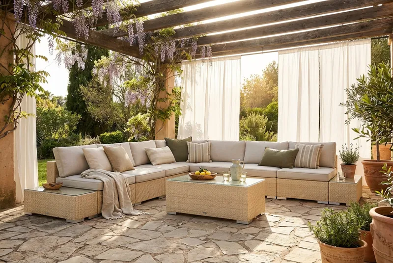 Bahamas utomhus hörnsoffa 7-sits vändbar med öppet avslut och bord - Beige - Utemöbler - Utegrupp - Loungegrupp
