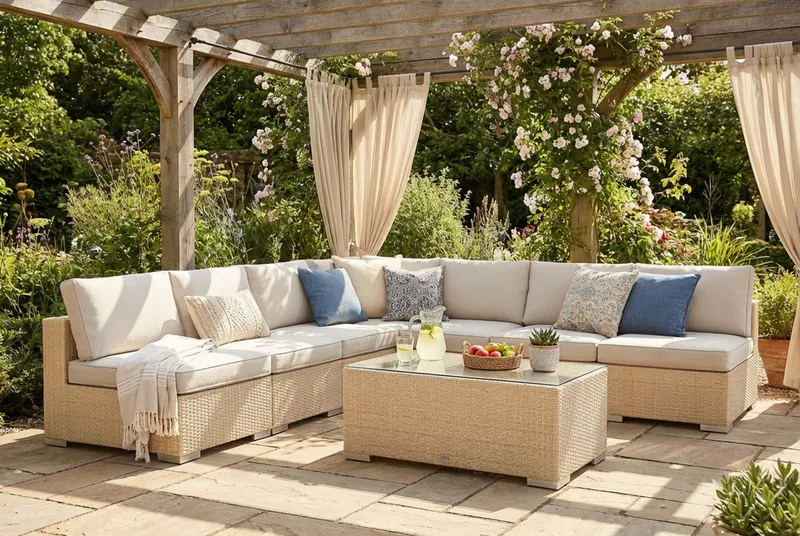 Bahamas utomhus hörnsoffa 7-sits vändbar med öppet avslut och bord - Beige - Utemöbler - Utegrupp - Loungegrupp