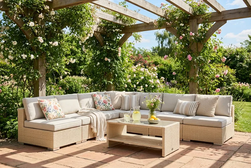 Bahamas utomhus hörnsoffa 7-sits vändbar med öppet avslut och bord med hylla - Beige - Utemöbler - Utegrupp - Loungegrupp