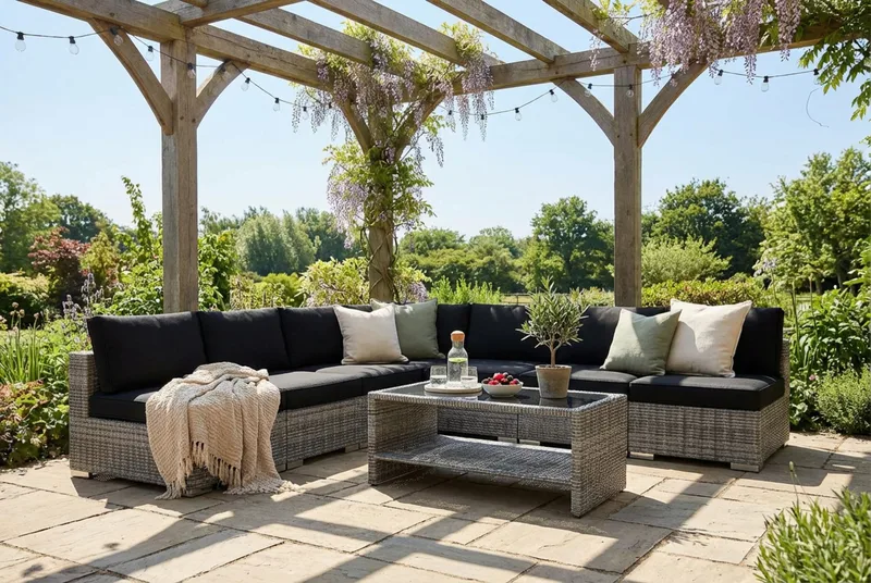 Bahamas utomhus hörnsoffa 7-sits vändbar med öppet avslut och bord med hylla - Grå - Utemöbler - Utegrupp - Loungegrupp