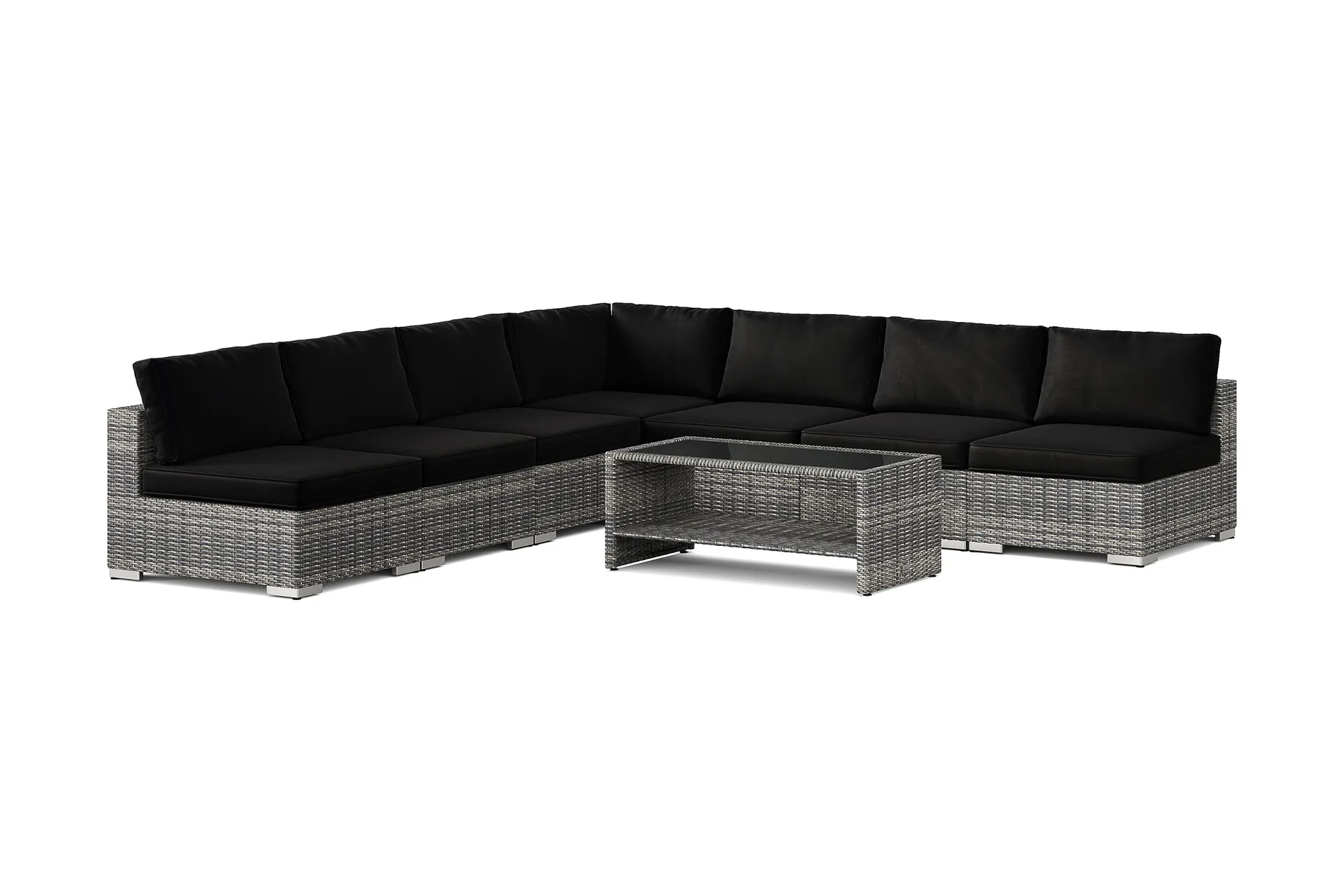 bahamas utomhus hörnsoffa 7-sits vändbar med öppet avslut och bord med hylla - grå