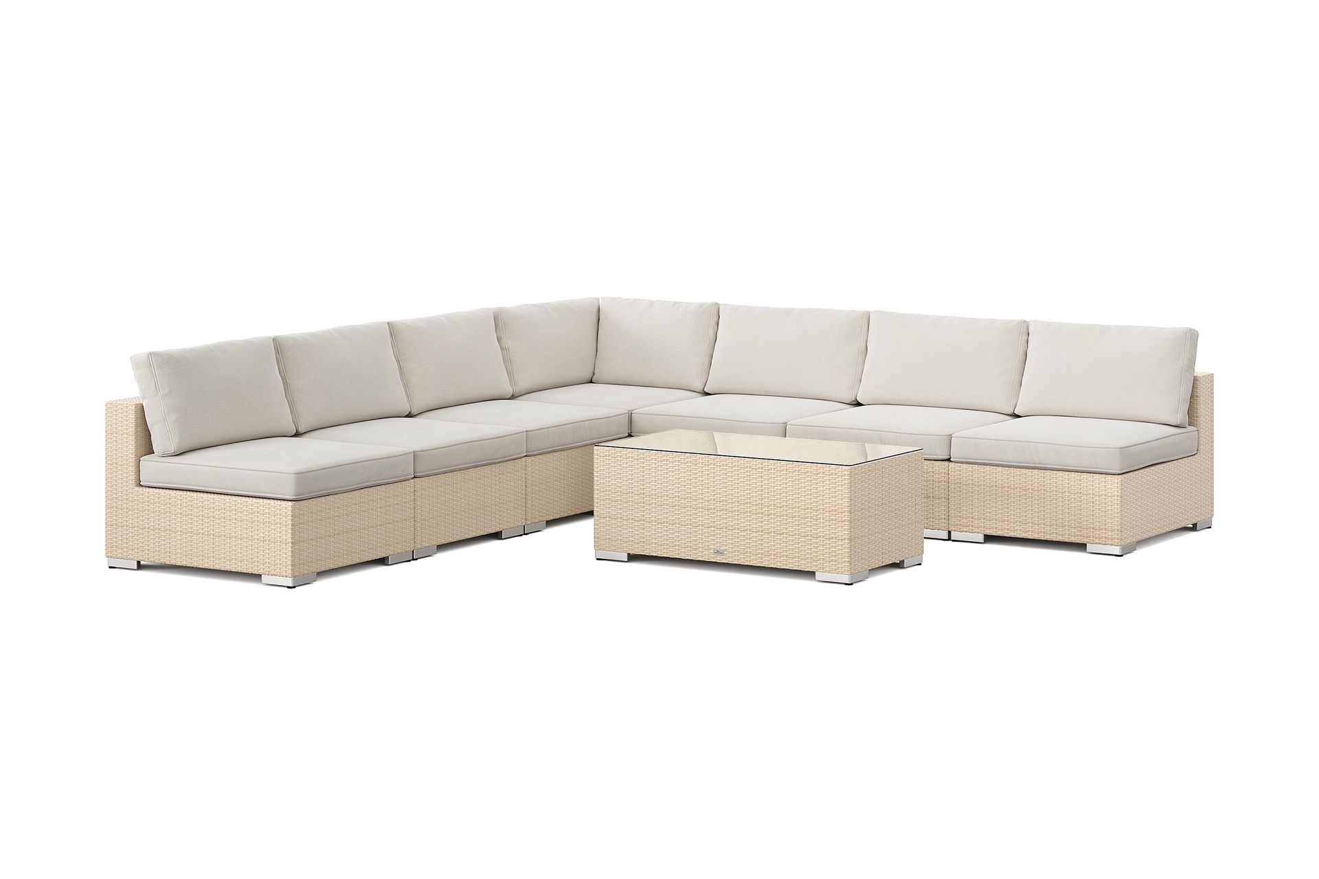 bahamas utomhus hörnsoffa 7-sits vändbar med öppet avslut och bord - sand