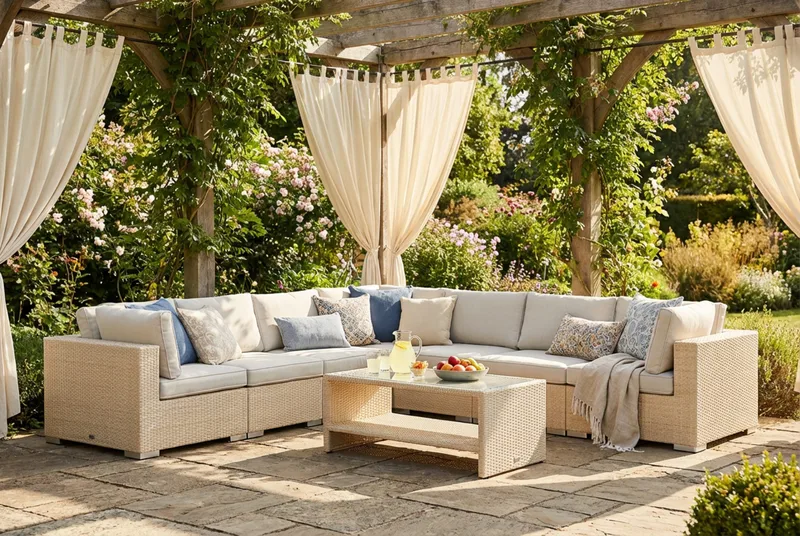 Bahamas utomhus hörnsoffa 7-sits vändbar och bord med hylla - Beige - Utemöbler - Utegrupp - Loungegrupp