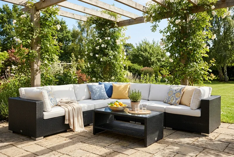 Bahamas utomhus hörnsoffa 7-sits vändbar och bord med hylla - Svart - Utemöbler - Utegrupp - Loungegrupp