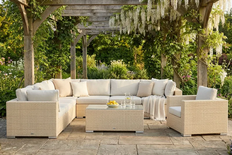 Bahamas utomhus hörnsoffa 8-sits vändbar med fåtölj och bord - Beige - Utemöbler - Utegrupp - Loungegrupp