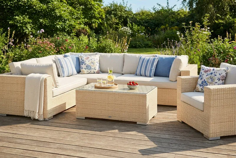 Bahamas utomhus L-soffa höger 7-sits med fåtölj och bord - Beige - Utemöbler - Utegrupp - Loungegrupp