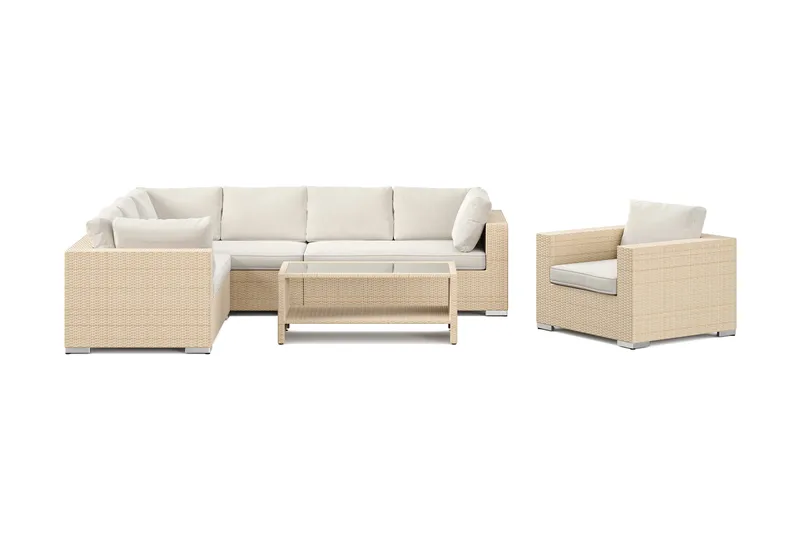 Bahamas utomhus L-soffa höger 7-sits med fåtölj och bord med hylla - Beige - Utemöbler - Utegrupp - Loungegrupp