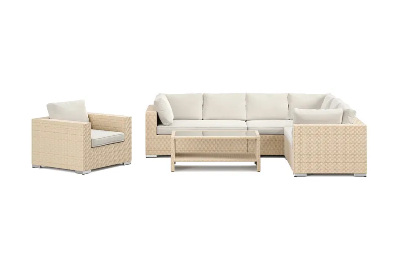 Bahamas utomhus L-soffa höger 7-sits med fåtölj och bord med hylla - Beige - Utemöbler - Utegrupp - Loungegrupp