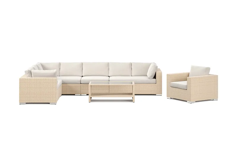 Bahamas utomhus L-soffa vänster 8-sits med fåtölj och bord med hylla - Beige - Utemöbler - Utegrupp - Loungegrupp