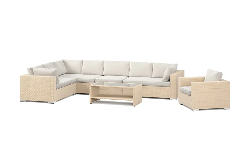 Bahamas utomhus L-soffa vänster 8-sits med fåtölj och bord med hylla, Beige