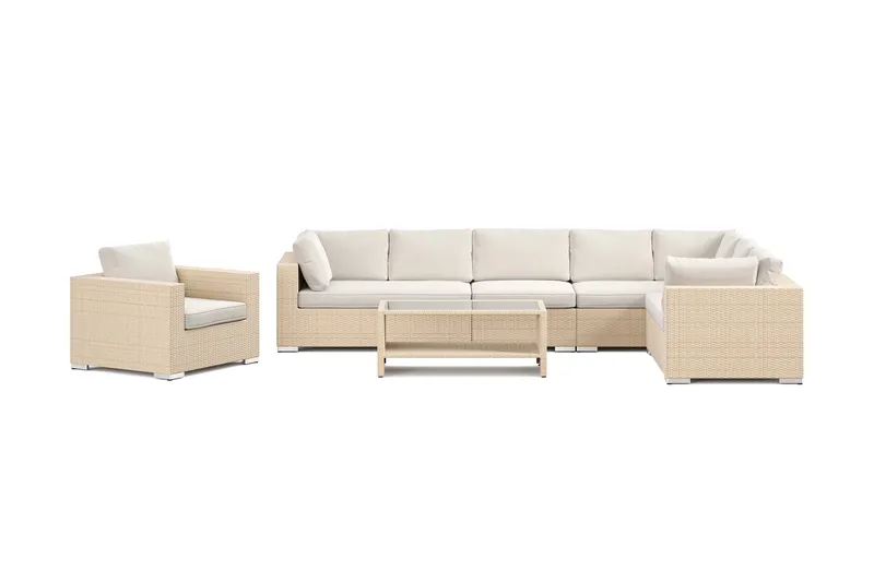 Bahamas utomhus L-soffa vänster 8-sits med fåtölj och bord med hylla - Beige - Utemöbler - Utegrupp - Loungegrupp