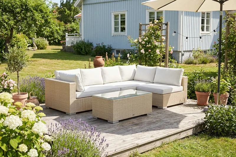Bahamas utomhus loungegrupp 5-sits med vändbar schäslong och bord - Beige - Utemöbler - Utegrupp - Loungegrupp
