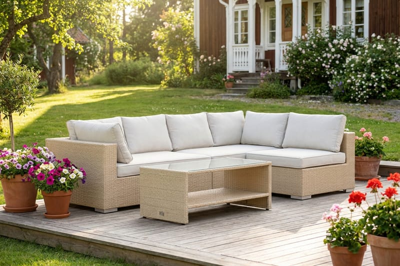 Bahamas utomhus loungegrupp 5-sits med vändbar schäslong och bord med hylla - Beige - Utemöbler - Utegrupp - Loungegrupp