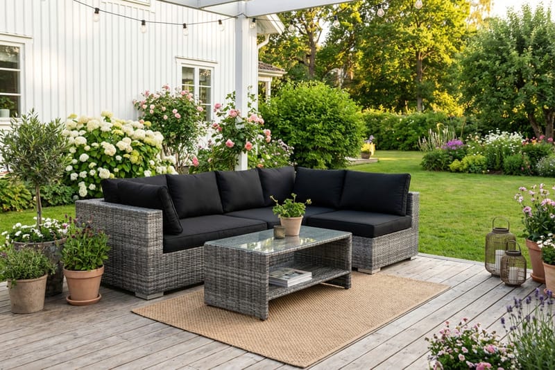 Bahamas utomhus loungegrupp 5-sits med vändbar schäslong och bord med hylla - Grå - Utemöbler - Utegrupp - Loungegrupp