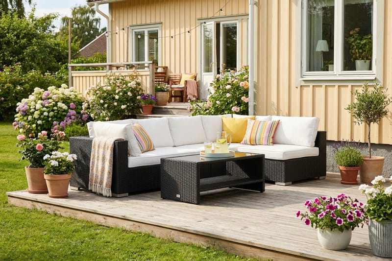 Bahamas utomhus loungegrupp 5-sits med vändbar schäslong och bord med hylla - Svart - Utemöbler - Utegrupp - Loungegrupp