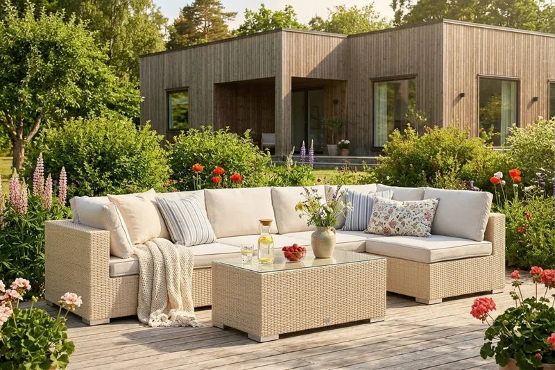 Bahamas utomhus loungegrupp 6-sits med vändbar schäslong och bord - Beige - Utemöbler - Utegrupp - Loungegrupp