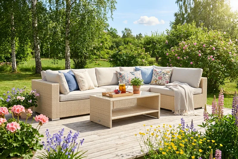 Bahamas utomhus loungegrupp 6-sits med vändbar schäslong och bord med hylla - Beige - Utemöbler - Utegrupp - Loungegrupp