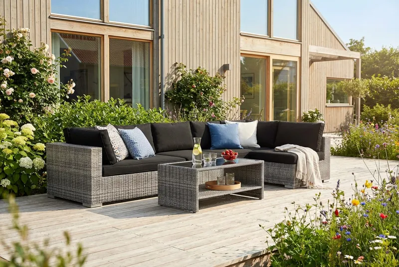 Bahamas utomhus loungegrupp 6-sits med vändbar schäslong och bord med hylla - Grå - Utemöbler - Utegrupp - Loungegrupp