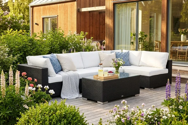 Bahamas utomhus loungegrupp 6-sits med vändbar schäslong och bord - Svart - Utemöbler - Utegrupp - Loungegrupp