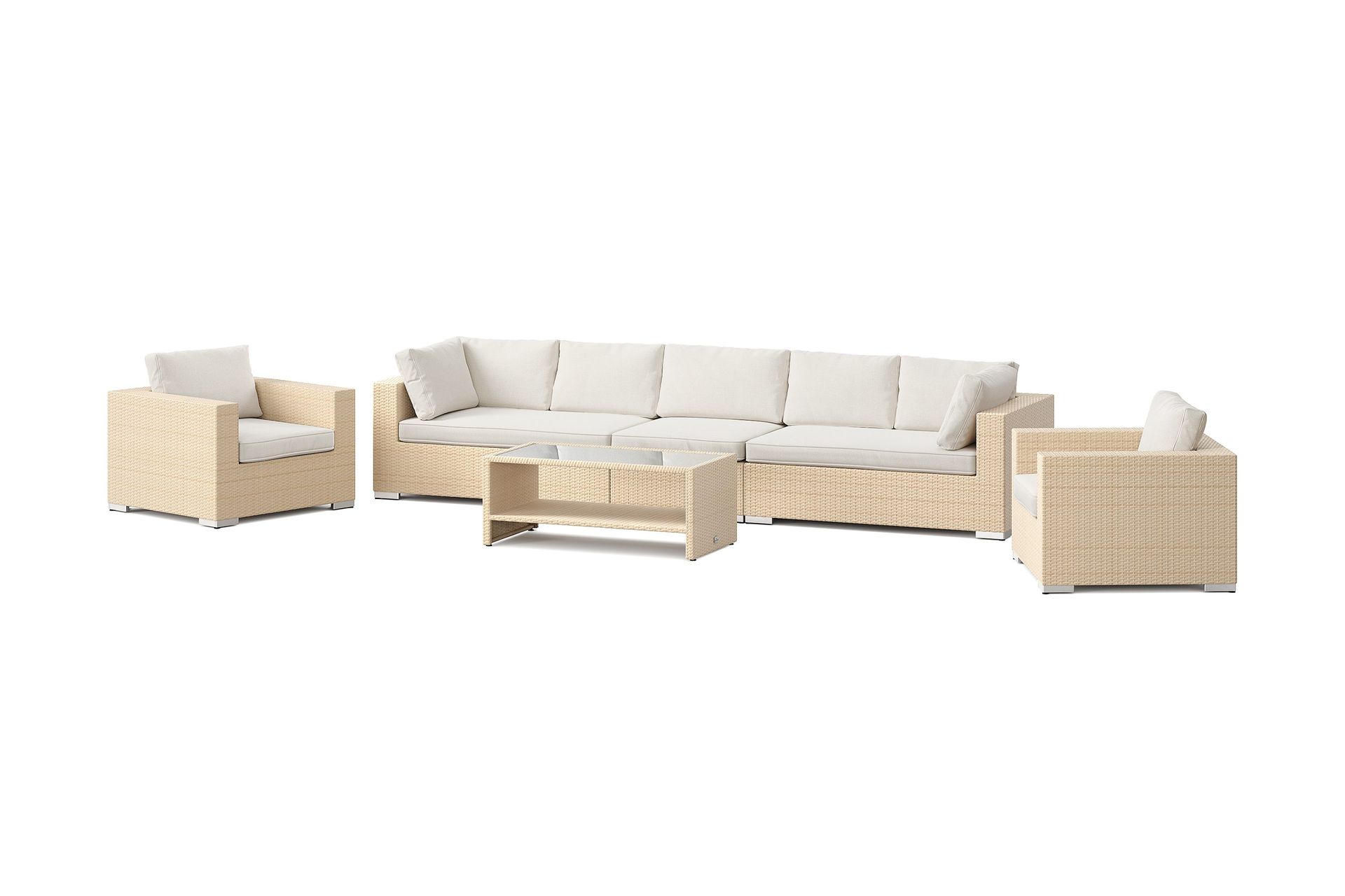 bahamas utomhus soffgrupp 7-sits med två fåtöljer och bord med hylla - beige