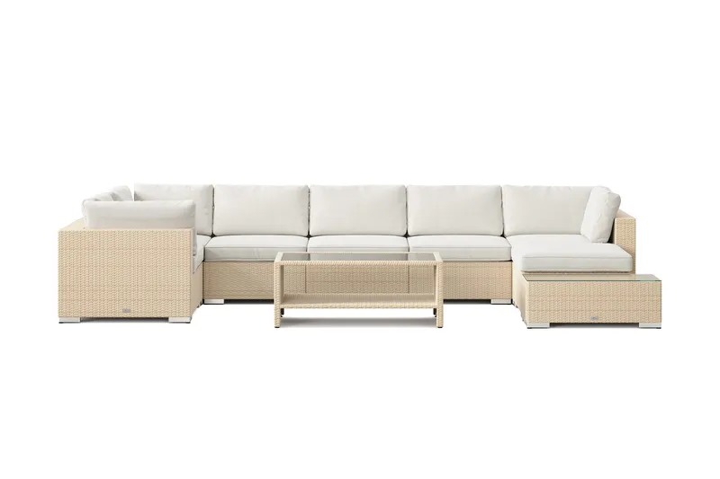 Bahamas utomhus U-soffa 7-sits vändbar divan med öppet avslut och bord med hylla - Beige - Utemöbler - Utegrupp - Loungegrupp