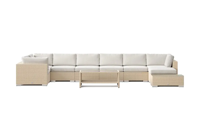 Bahamas utomhus U-soffa 8-sits vändbar divan med öppet avslut och bord med hylla - Beige - Utemöbler - Utegrupp - Loungegrupp