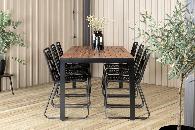 Bois Matgrupp Utomhus 205cm + 6 Lindos Stapelbara Matstolar - Svart/Grå - Utemöbler - Utegrupp - Matgrupper utomhus