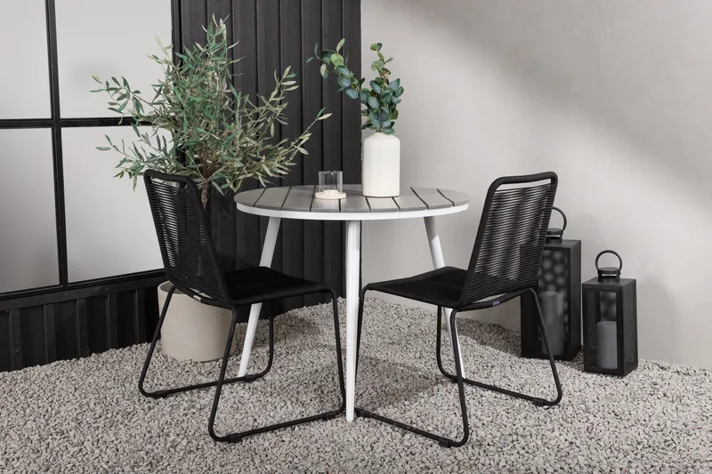 Break Matgrupp Rund 90 cm + 2 Lindos Stapelbar Stol - Svart/Grå - Utemöbler - Balkong - Balkongmöbler - Balkonggrupper