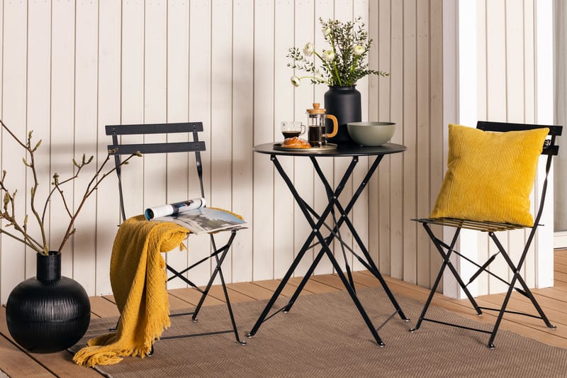 BRUNSHUSE Cafébord 60 cm Rund Svart + 2 Klappstolar - Balkonggrupper - Caféset