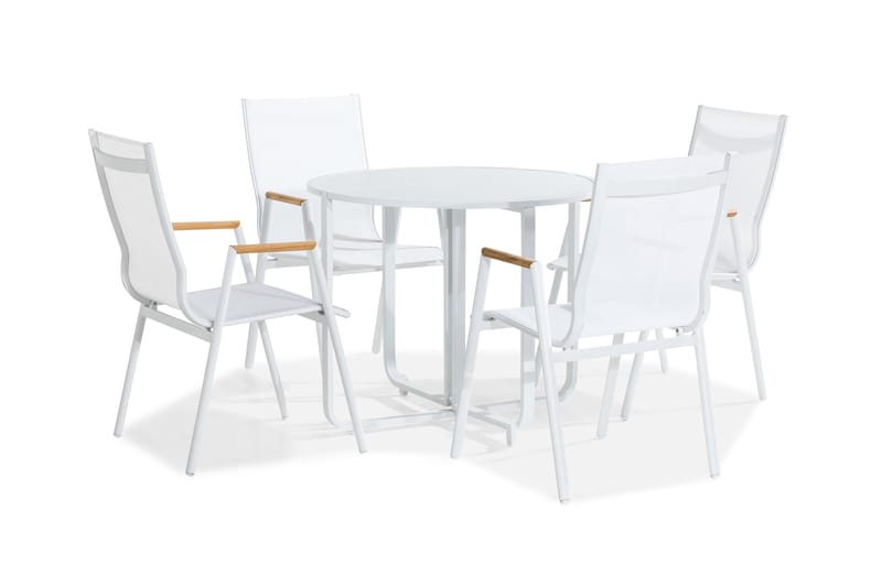 FLIPPY Cafébord 90 Runt Vit + 4 LAS VEGAS Stol Teak - Utemöbler - Utegrupp - Caféset