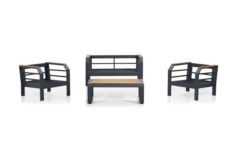 Lassento Caféset 137 cm + 2-sits Utesoffa + 2 Utefåtöljer - Grå/Svart - Utemöbler - Utegrupp - Caféset
