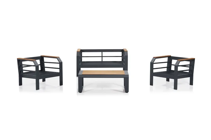 Lassento Caféset 137 cm + 2-sits Utesoffa + 2 Utefåtöljer - Grå/Svart - Utemöbler - Utegrupp - Caféset