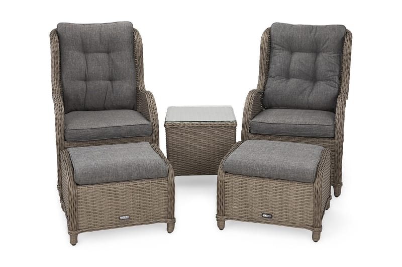 Marcus Caféset med 2 Öronlappsfåtöljer med Fotpall m Dyna - Grå - Utemöbler - Balkong - Balkongmöbler - Balkonggrupper