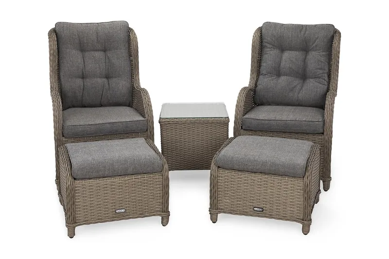 Marcus Caféset med 2 Öronlappsfåtöljer med Fotpall m Dyna - Grå - Utemöbler - Balkong - Balkongmöbler - Balkonggrupper