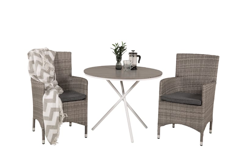Parma Caféset Rund Ø90 cm + 2 Malin Karmstolar - Brun/Vit - Utemöbler - Balkong - Balkongmöbler - Balkonggrupper