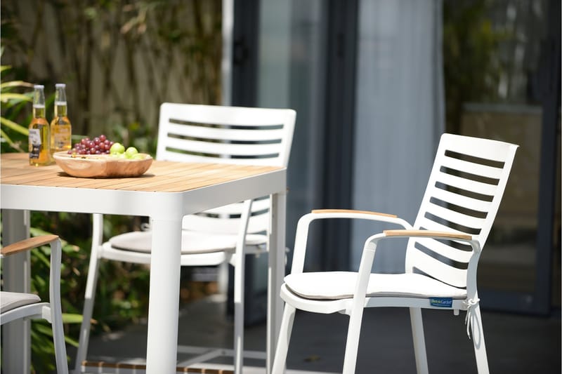 PORTALS Barbord 95 cm Vit/Teak + Barstol - Utemöbler - Utegrupp - Caféset