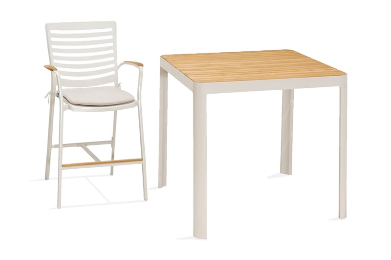 PORTALS Barbord 95 cm Vit/Teak + Barstol - Utemöbler - Utegrupp - Caféset